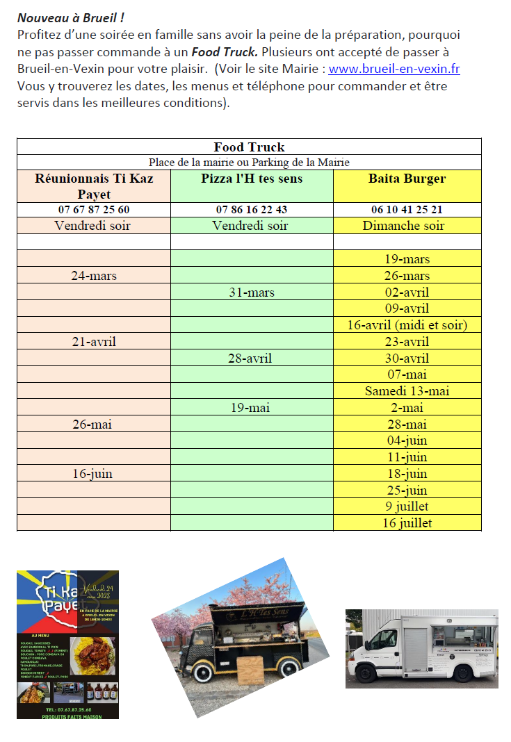 Le calendrier des food trucks à Brueil